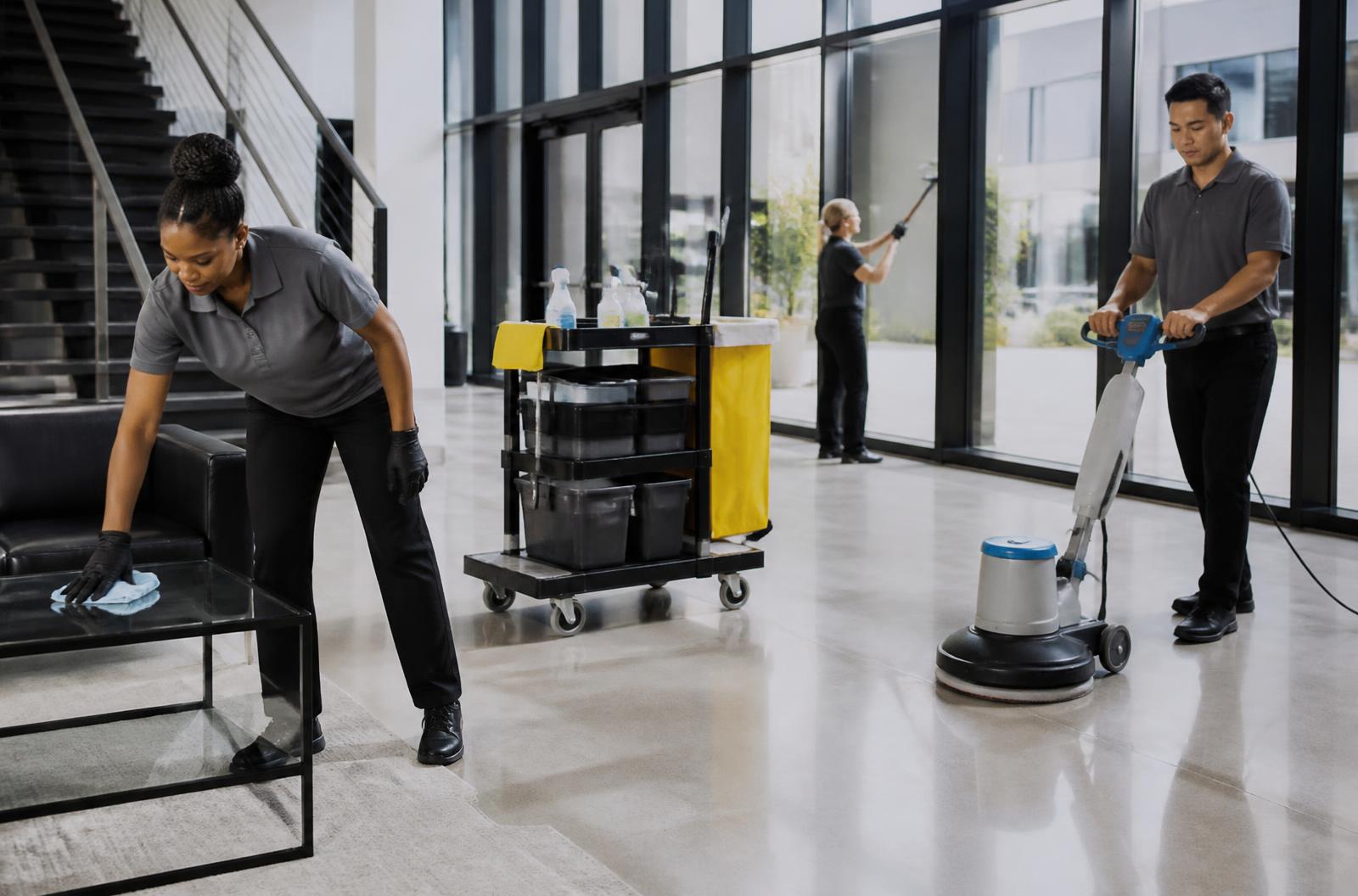 Commercial cleaning team working together inside a facility
