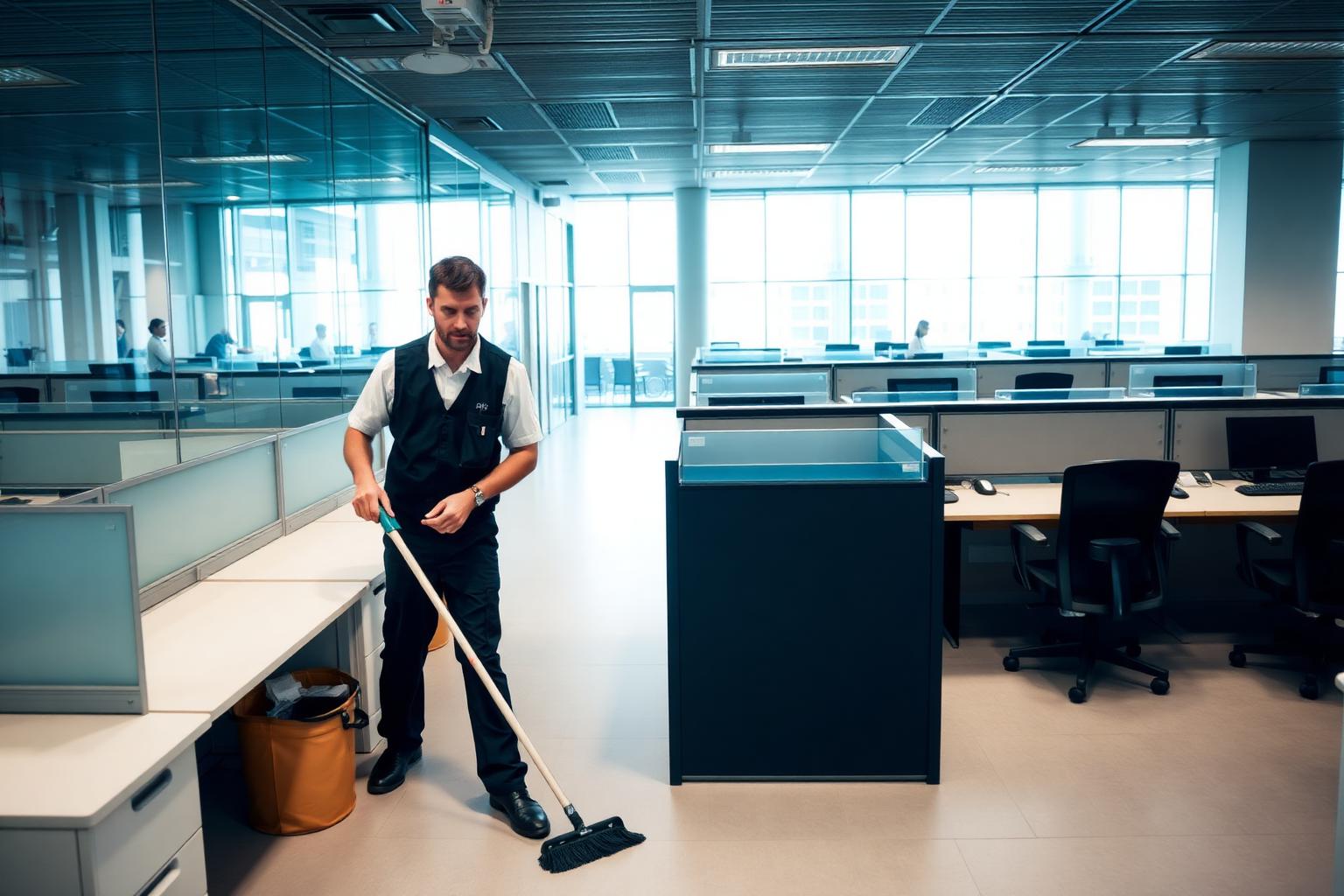 Professional cleaner maintaining a modern commercial office