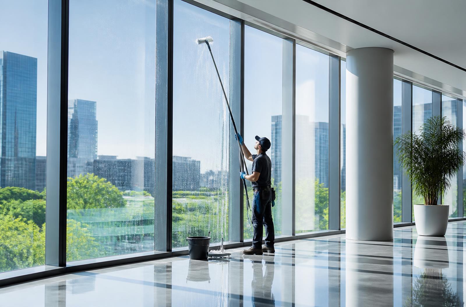 Professional cleaning floor-to-ceiling commercial windows