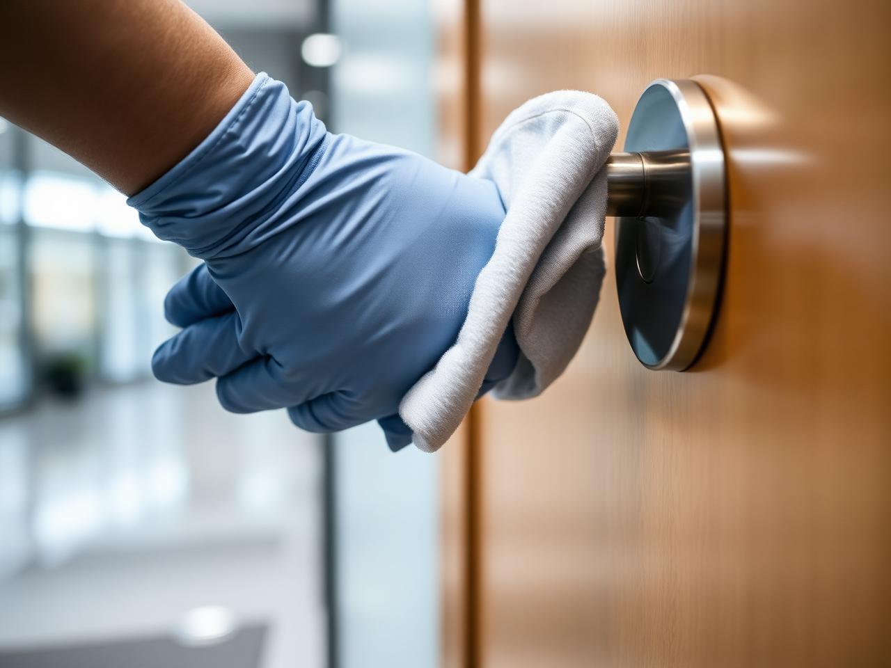 Commercial cleaning specialist carefully sanitizing a high-touch surface