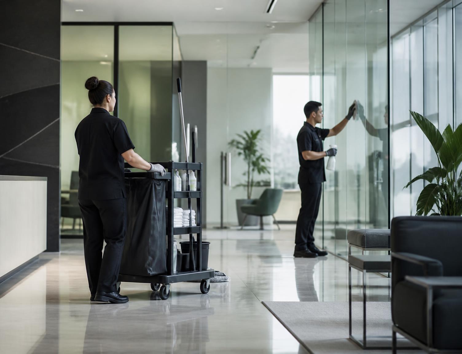 Janitorial team maintaining a modern commercial lobby