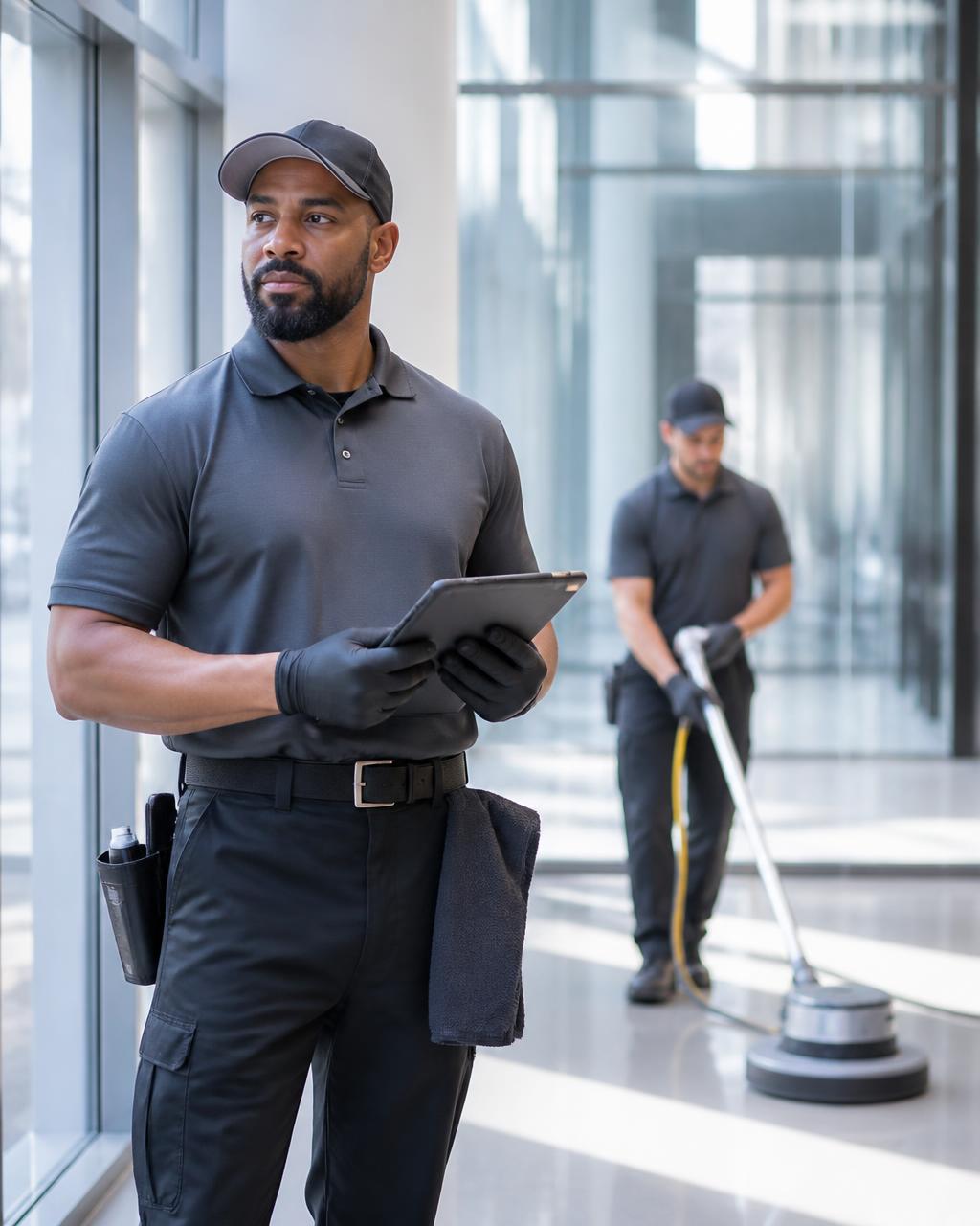 Commercial cleaning team lead inspecting facility work