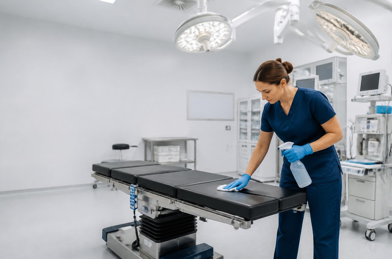 Professional sanitizing an empty modern surgical room